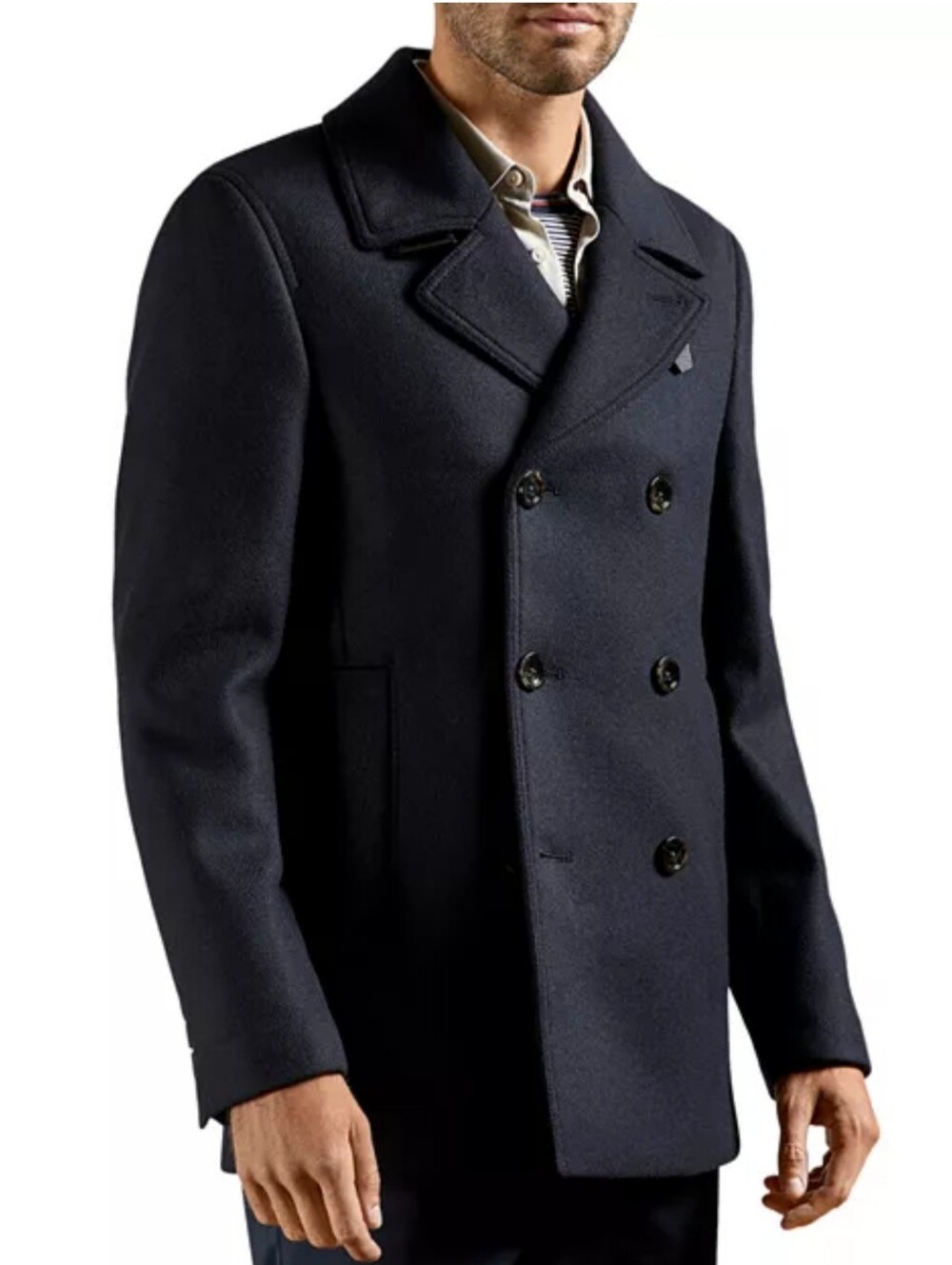 Ted Baker London Men’s Pea Coat Overcoat Navy Blue Chevron Size 4 Large